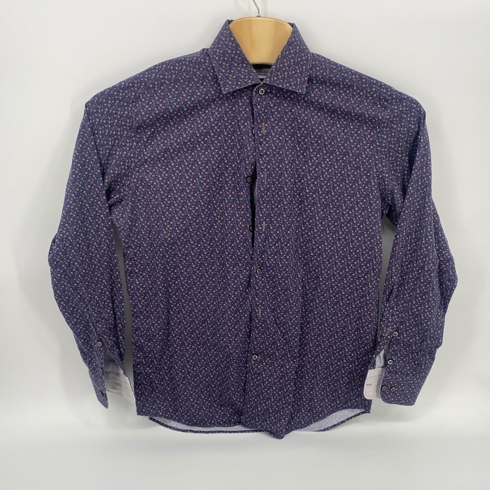 Marcello Button Down Shirt LG Navy Blue Excellent Floral Paisley Italian Cotton